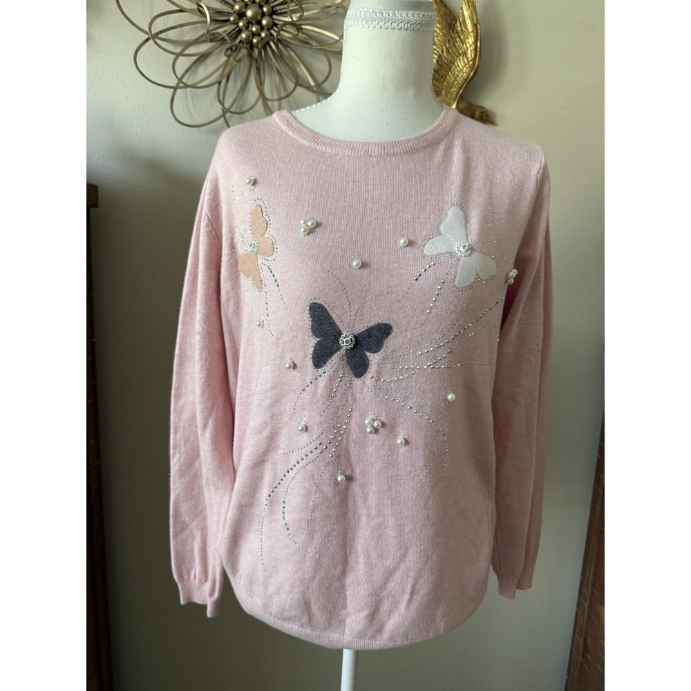 Pink Butterfly Sweater Women M Rhinestone Pearl Embellished Y2K Fairycore Knit